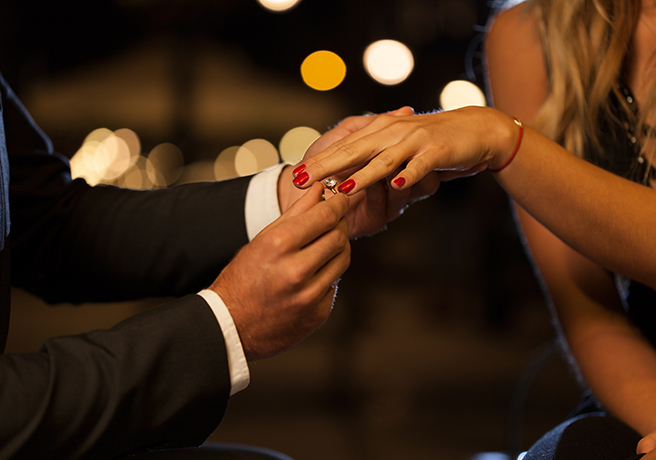 婚約指輪を女性の指にはめる男性